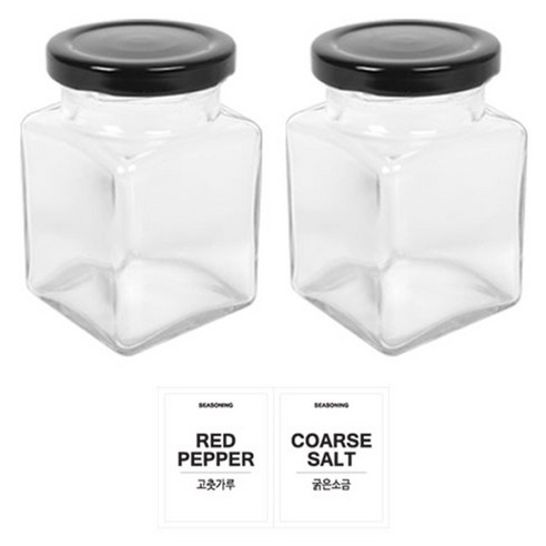 홈앤라이프 유리 양념통 사각 블랙캡 200g 2p 세트, 1세트, 양념통 사각 2p + 투명스티커(고춧가루 + 굵은소금)
