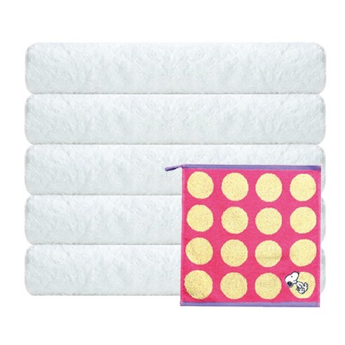 송월타월 호텔 무지 타월 120g 5p + 스누피 컬러도트 핸드타월 분홍, 화이트, 1세트