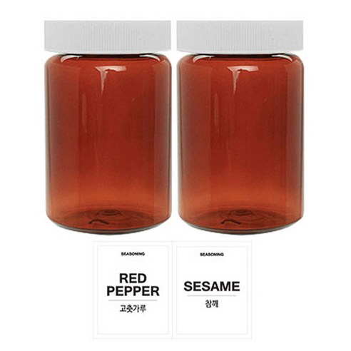 홈앤라이프 PET 갈색원형 양념통 흰색캡 250ml 2p 세트, 1세트, 양념통 갈색원형 2p + 흰색스티커 (고춧가루 + 참깨)