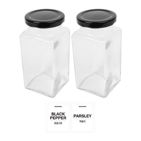 홈앤라이프 유리 양념통 사각 블랙캡 300g 2p 세트, 1세트, 양념통 사각 2p + 투명스티커(후춧가루, 파슬리)
