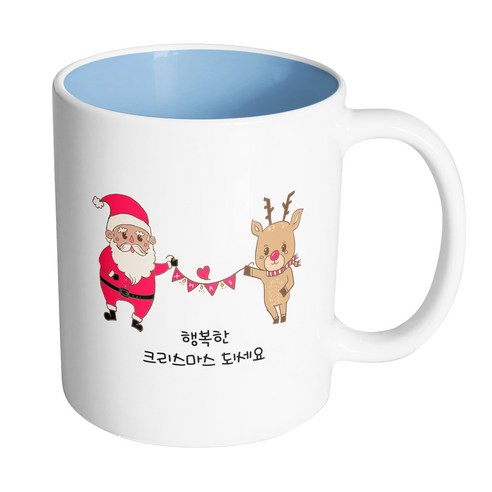 핸드팩토리 산타와루돌프 행복한 크리스마스 머그컵, 내부 파스텔 블루, 1개
