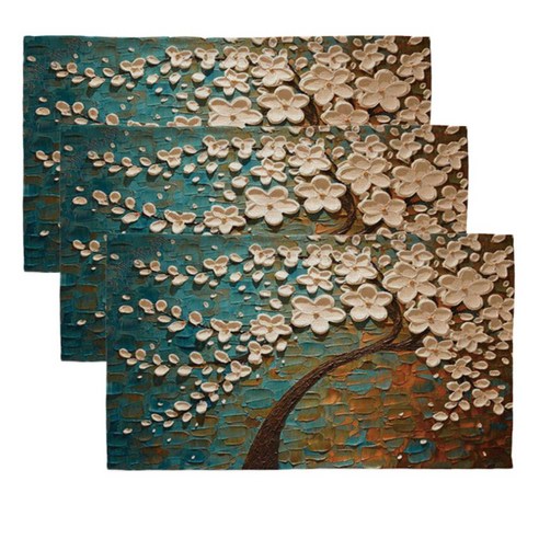 아리코 린넨 북유럽 유화 식탁 테이블 매트 3p, 나무꽃 블루 + 베이지, 46 x 27 cm