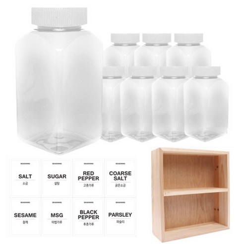 홈앤라이프 투명 사각 PET 양념통 흰색 캡 200ml x 8p + 투명 스티커 8p + 사각 선반 세트, 1세트, 양념통 사각 8p + 투명 스티커 8종 + 사각 2단 선반