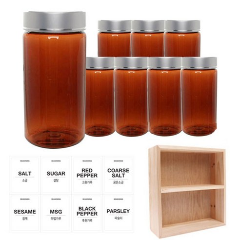 홈앤라이프 갈색 원형 PET 양념통 금속 실버 캡 350ml x 8p + 흰색 스티커 8p + 사각 선반 세트, 1세트, 양념통 원형 8p + 흰색 스티커 8종 + 사각 2단 선반