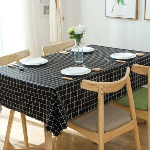 저스틴앤클로이 그리드체크 디자인 PVC 방수 식탁보, 블랙, 80 x 120 cm