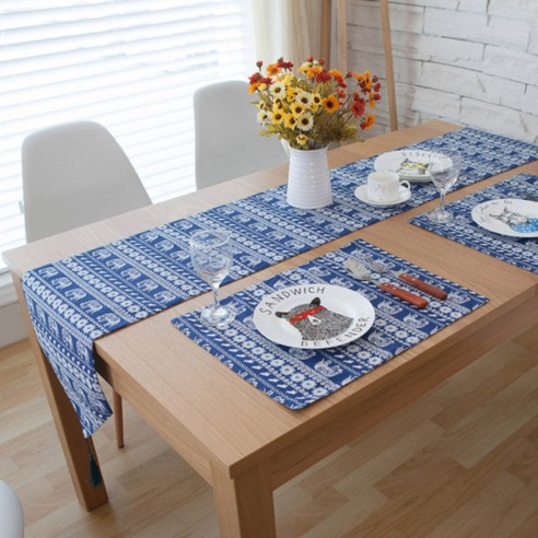 아리코 25 kitchen 유럽풍 테이블 러너, 인도 블루 코끼리, 6인(30 x 220 cm)