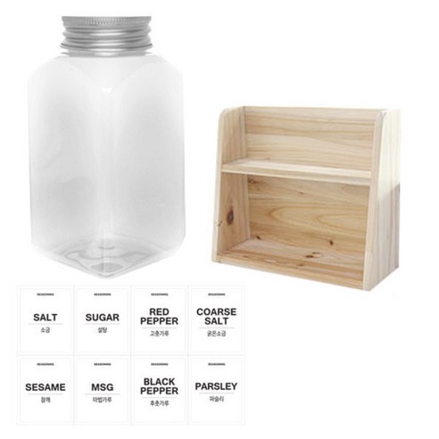 병도매닷컴 투명사각PET 양념통세트, 1세트, 투명사각PET양념통 200ml x 8p + 알루미늄실버캡 8p + 라벨스티커 8p + 오픈 2단 선반