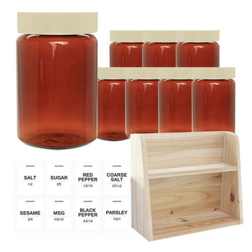 병도매닷컴 갈색 원형 PET 양념통 세트, 1세트, 갈색원형PET양녕통 250ml x 8p + 미색캡 8p + 라벨스티커 8p + 오픈 2단 선반