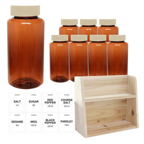 병도매닷컴 갈색 원형 PET 양념통 세트, 1세트, 갈색원형PET양념통 200ml x 8p + 미색캡 8p + 라벨스티커 8p + 오픈2단 선반