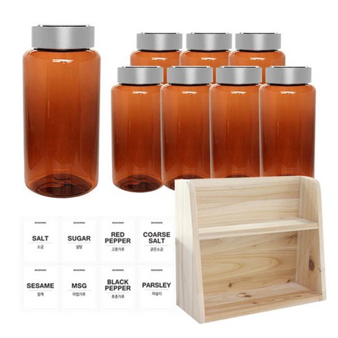 병도매닷컴 갈색 원형 PET 양념통 세트, 1세트, 갈색원형PET양념통 200ml x 8p + 금속실버캡 8p + 라벨스티커 8p + 오픈2단 선반