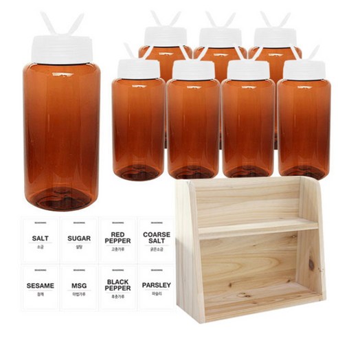 병도매닷컴 갈색 원형 PET 양념통 세트, 1세트, 갈색원형PET양념통 200ml x 8p + 조미료투명캡 8p + 라벨스티커 8p + 오픈2단 선반
