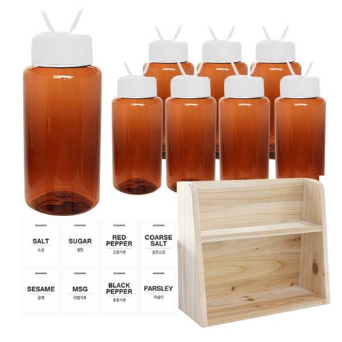 병도매닷컴 갈색 원형 PET 양념통 세트, 1세트, 갈색원형PET양념통 200ml x 8p + 조미료흰색캡 8p + 라벨스티커 8p + 오픈2단 선반