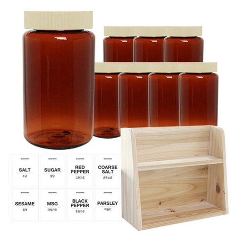 병도매닷컴 갈색 원형 PET 양념통 세트, 1세트, 갈색원형PET양녕통 300ml x 8p + 미색캡 8p + 라벨스티커 8p + 오픈 2단 선반