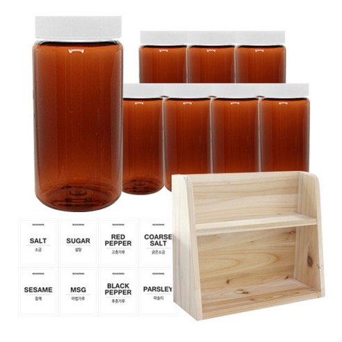 병도매닷컴 갈색 원형 PET 양념통 세트, 1세트, 갈색원형PET양녕통 350ml x 8p + 흰색캡 8p + 라벨스티커 8p + 오픈 2단 선반
