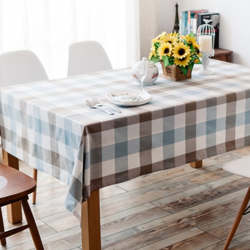 이코디 라인 디자인 테이블 보, 블루브라운체크, 120 x 160 cm