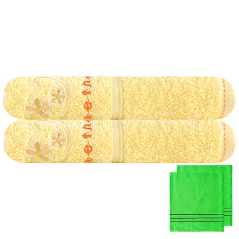 송월타월 스윗하트 단비자수 수건 2p + 때타올 연두 2p, 노랑, 1세트