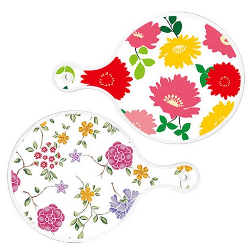 Loem 국화핑크화이트 원형 서빙 도마 2p 세트, 국화핑크화이트, 로맨틱레드floral화이트, 1세트