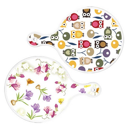 로엠디자인 서빙 원형 도마 보드 2p 부엉이 세트, 부엉이, 로맨틱청자색floral, 1세트