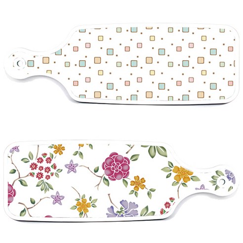 로엠디자인 서빙 도마 보드 2p 로맨틱레드 floral 화이트 세트, 로맨틱레드floral화이트, Happy사각패턴, 1세트