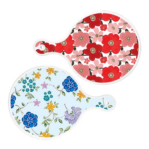 로엠디자인 원형 서빙 도마 보드 2p 붉은빛동백 세트, 붉은빛동백, 로맨틱블루floral비색, 1세트
