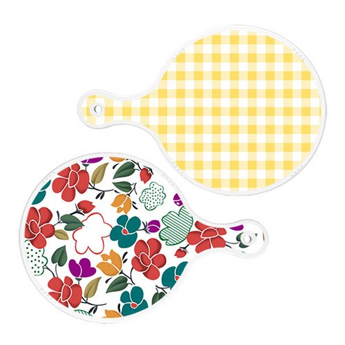 로엠디자인 서빙 도마 보드 2p 체크파스텔옐로우원형 세트, 체크파스텔옐로우원형, floral 목련 혼합원형, 1세트