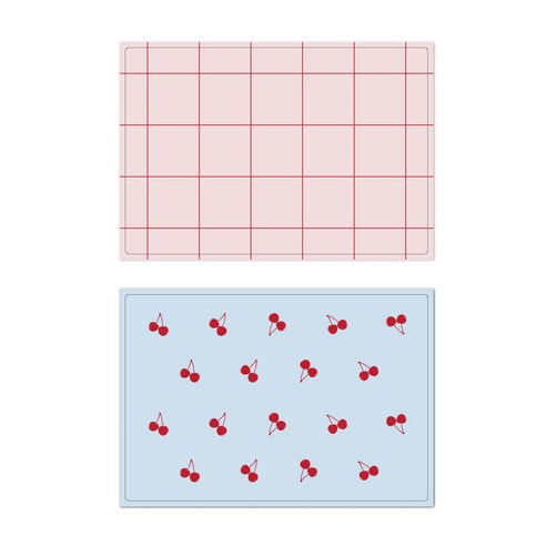 서머스트 프루티 실리콘 테이블매트 레드체크 + 레드체리, 인디핑크, 스카이블루, 425 x 295 mm