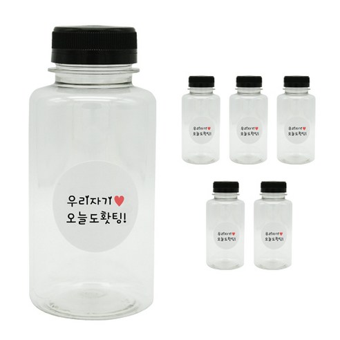 도나앤데코 일자보틀 검정뚜껑 6p + 우리자기오늘도홧팅 스티커 6p, 혼합 색상, 250ml