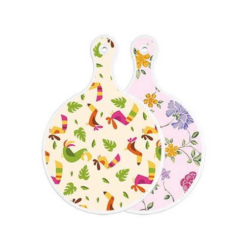 로엠디자인 양면 원형 서빙 도마 보드 구관조담황색, 로맨틱레드floral연분홍색, 1개