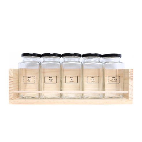 핸드팩토리 양념통 사각 라지 5p + 1단 양념통 우드선반 + 라벨, 1세트, 양념통 블랙캡 5p + 우드선반 + 도트라인 라벨