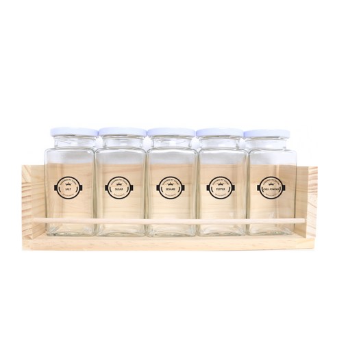 핸드팩토리 양념통 사각 라지 5p + 1단 양념통 우드선반 + 라벨, 1세트, 양념통 화이트캡 5p + 우드선반 + 크라운 라벨