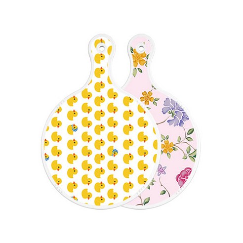로엠디자인 양면 원형 서빙 도마 오리, 로맨틱레드floral연분홍색, 1개