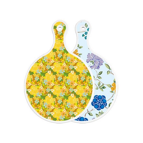 로엠디자인 양면 원형 서빙 도마 보드 노란장미넝쿨, 로맨틱블루floral비색, 1개
