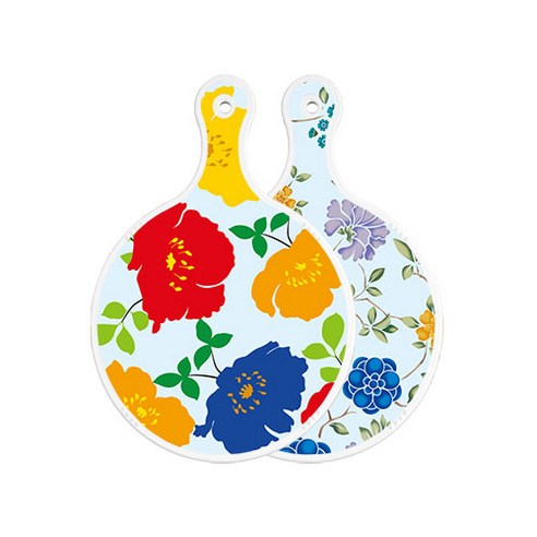 로엠디자인 양면 원형 서빙도마 보드 국화블루옥색, 로맨틱블루floral비색, 1개