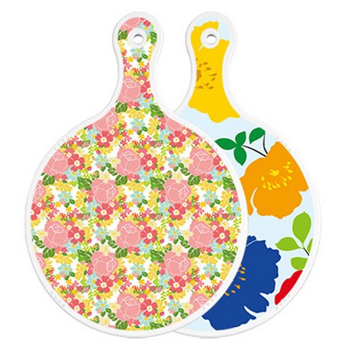 로엠디자인 양면 원형 서빙도마 보드 분홍장미넝쿨, 국화블루옥색, 1개