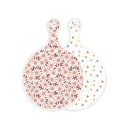 로엠디자인 양면 원형 서빙 도마 자색플라워패턴, Happy삼각패턴, 1개