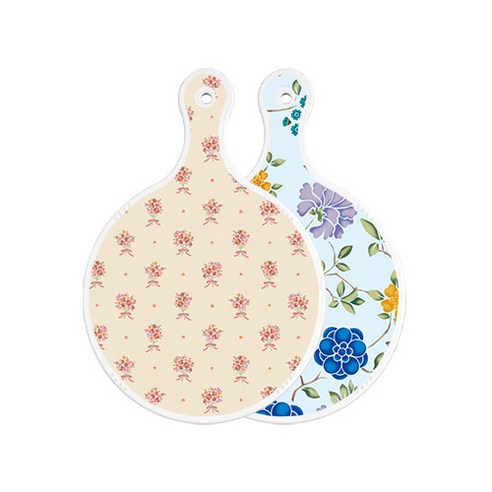 로엠디자인 양면 원형 서빙 도마 담황색꽃다발, 로맨틱블루floral비색, 1개