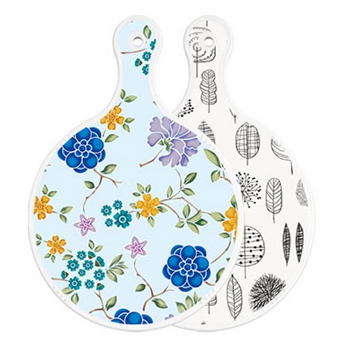 로엠디자인 양면 원형 서빙 도마 보드 로맨틱블루floral비색, 나무라인아트웍, 1개