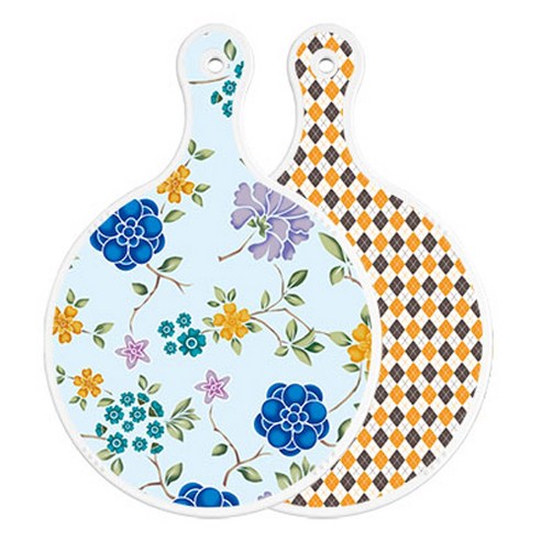 로엠디자인 양면 원형 서빙 도마 보드 로맨틱블루floral비색, 잉글랜드행황색체크, 1개