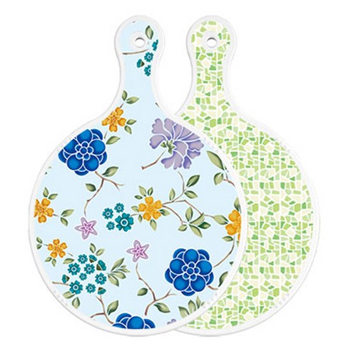 로엠디자인 양면 원형 서빙 도마 보드 로맨틱블루floral비색, 그린타일, 1개