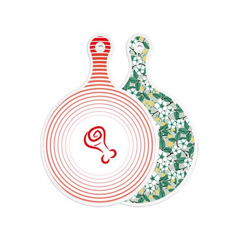 로엠디자인 양면 원형 서빙 도마 고기라인레드, 플라워회색, 1개