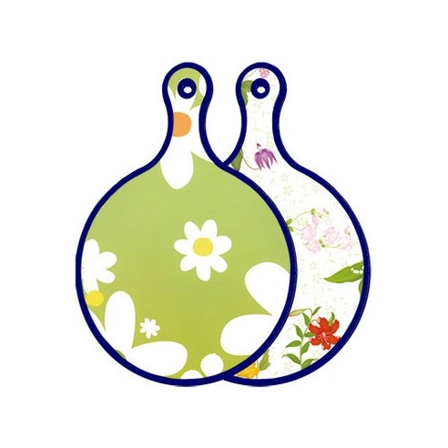 로엠디자인 블루에디션 양면 원형 서빙 도마 floral design하얀개나리, 플라워동백, 1개