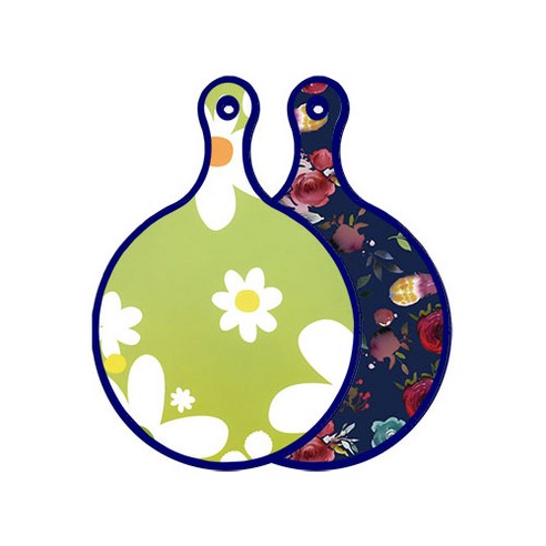 로엠디자인 블루에디션 양면 원형 서빙 도마 floral design하얀개나리, 블루톤플라워, 1개