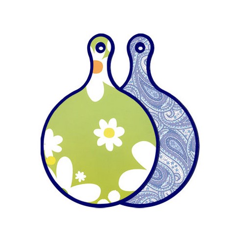 로엠디자인 블루에디션 양면 원형 서빙 도마 floral design하얀개나리, 청백색라인아트, 1개