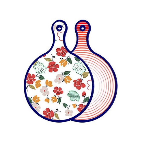 로엠디자인 블루에디션 양면 디자인 원형 서빙도마 floral목련패턴, 고기라인레드, 1개
