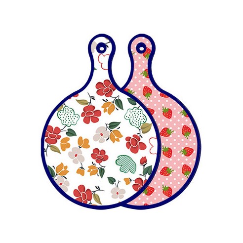 로엠디자인 블루에디션 양면 디자인 원형 서빙도마 floral목련패턴, 핑크딸기, 1개