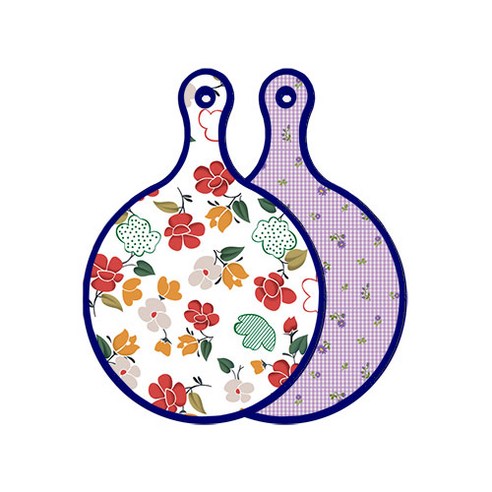 로엠디자인 블루에디션 양면 디자인 원형 서빙도마 floral목련패턴, 보라플라워체크, 1개