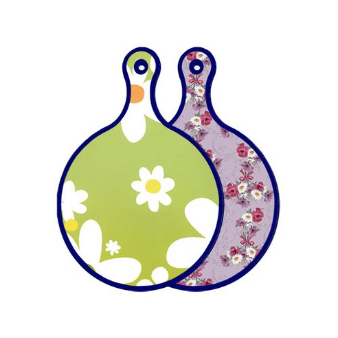 로엠디자인 블루에디션 양면 원형 서빙 도마 floral design하얀개나리, 벽람색플라워, 1개