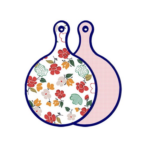 로엠디자인 블루에디션 양면 디자인 원형 서빙도마 floral목련패턴, 훈색체크, 1개