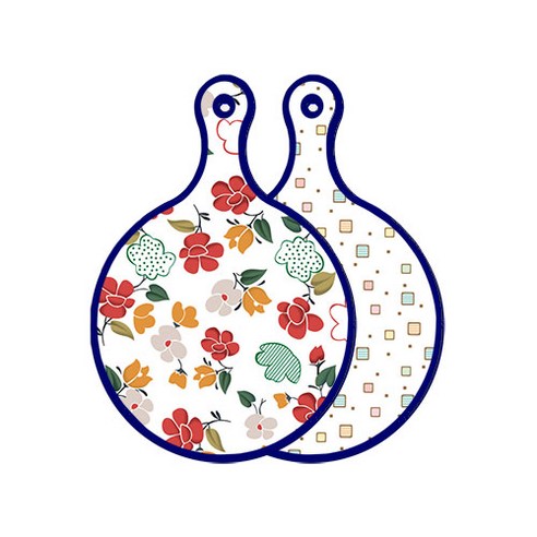 로엠디자인 블루에디션 양면 디자인 원형 서빙도마 floral목련패턴, Happy사각패턴, 1개