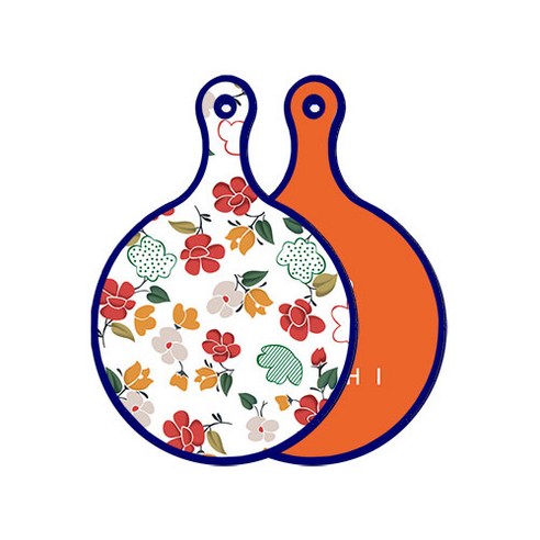 로엠디자인 블루에디션 양면 원형 서빙 도마 floral 목련 패턴, 김치주황, 1개